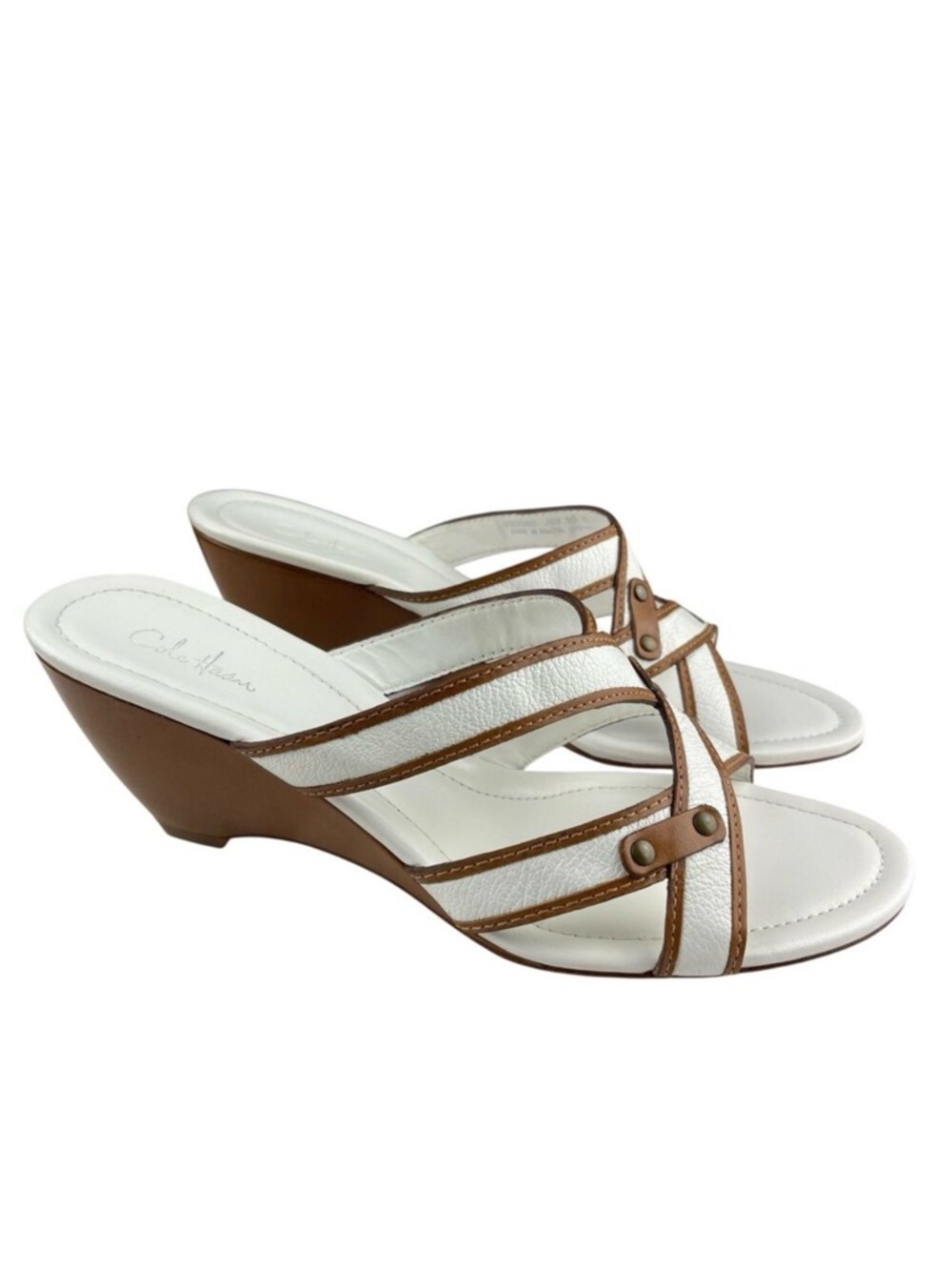 Cole Haan Women’s Wedge Sandals 10B White Leather Strappy Studded Open‑Toe